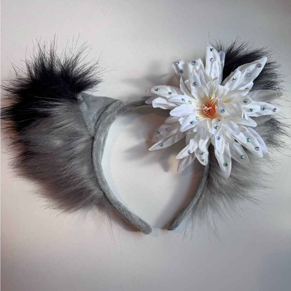 Gray and Black Furry Headband with Sparkly White Flower